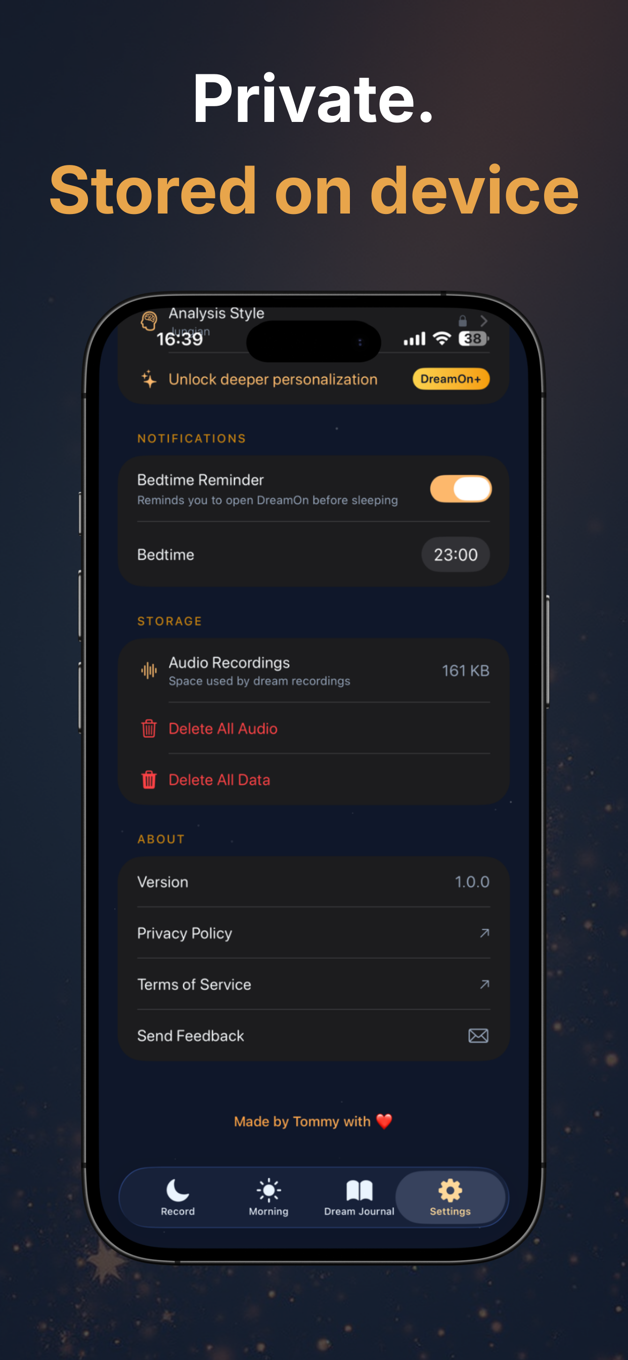 DreamAM Privacy Settings - All data stored on device